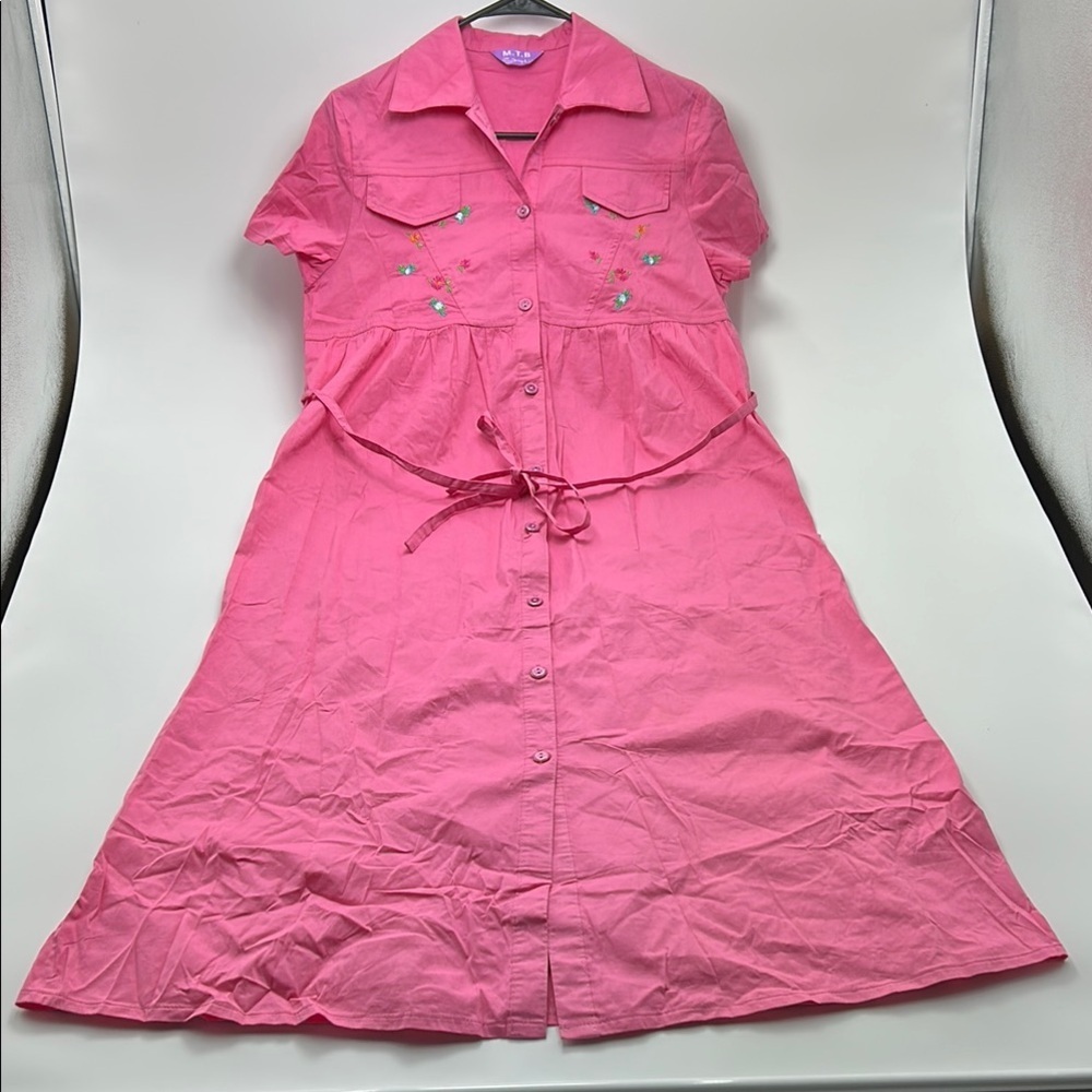 Vintage MTB Maxi Shirt Dress Women's XL  Pink Floral Embroidery Effortless Style